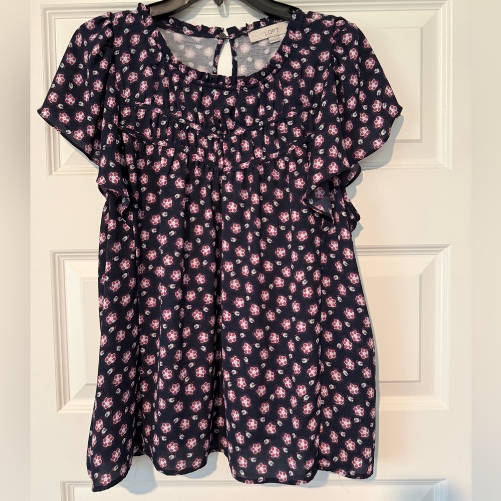 LOFT Dark Blue Top with Pink Floral Design